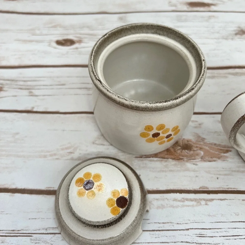 Vintage Creamer and Sugar Bowl Set Yellow Floral Stoneware Retro Farmhouse OS
